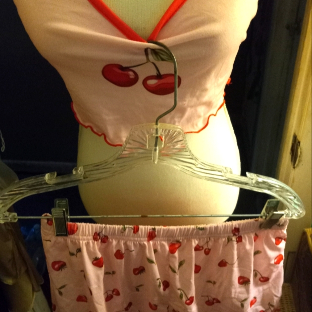 New,2pc.knit stretch pjs,bottom pinkcherry print& pink with cherry middle top m.